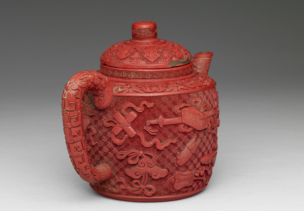 Purple-granule teapot with assorted treasures decoration in craved lacquer, Qing dynasty, Qianlong reign (1736-1795)-China Archive